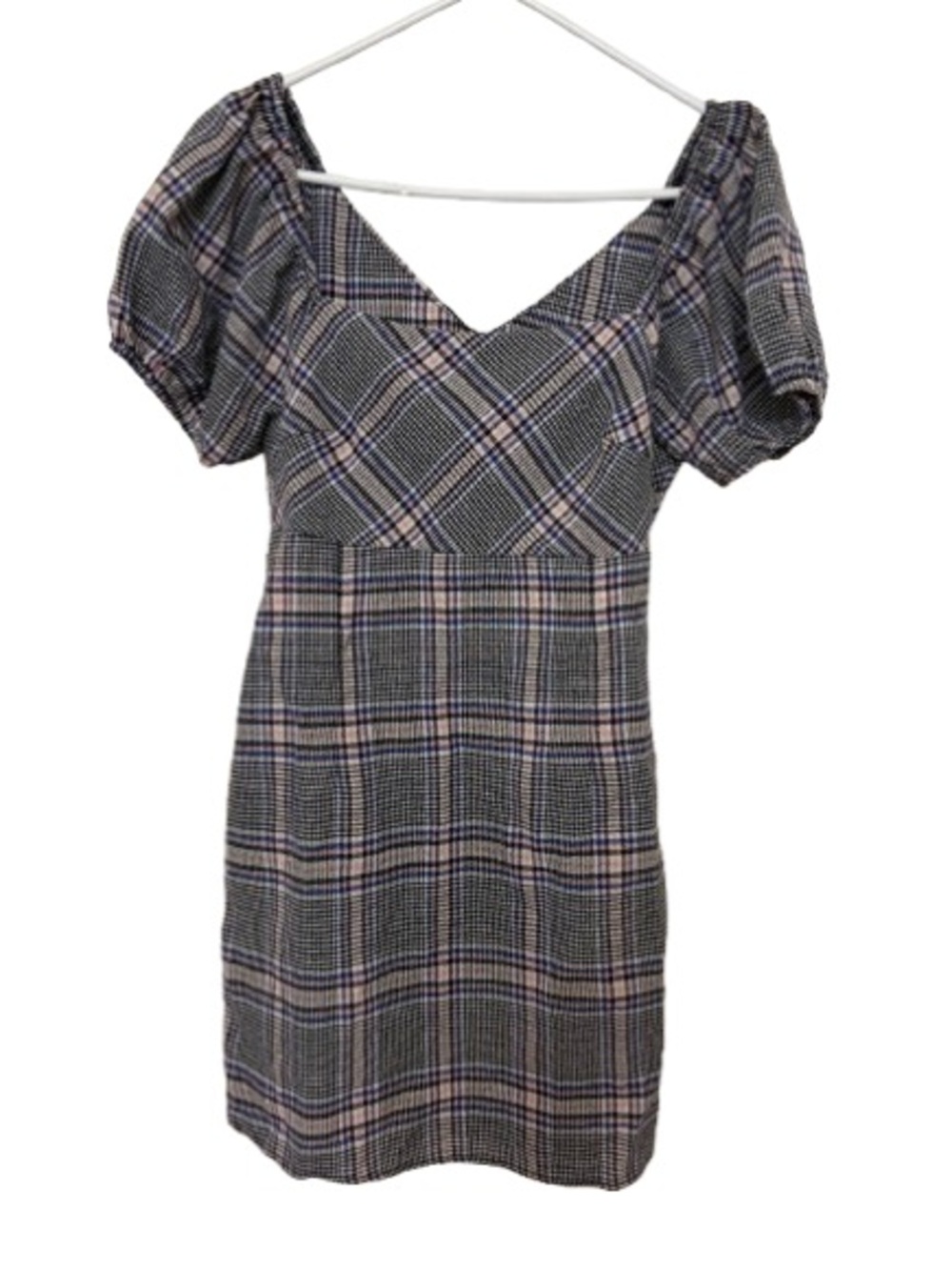 Altar'd State Plaid Puff-Sleeve Mini Dress in Gray, Pink, Navy